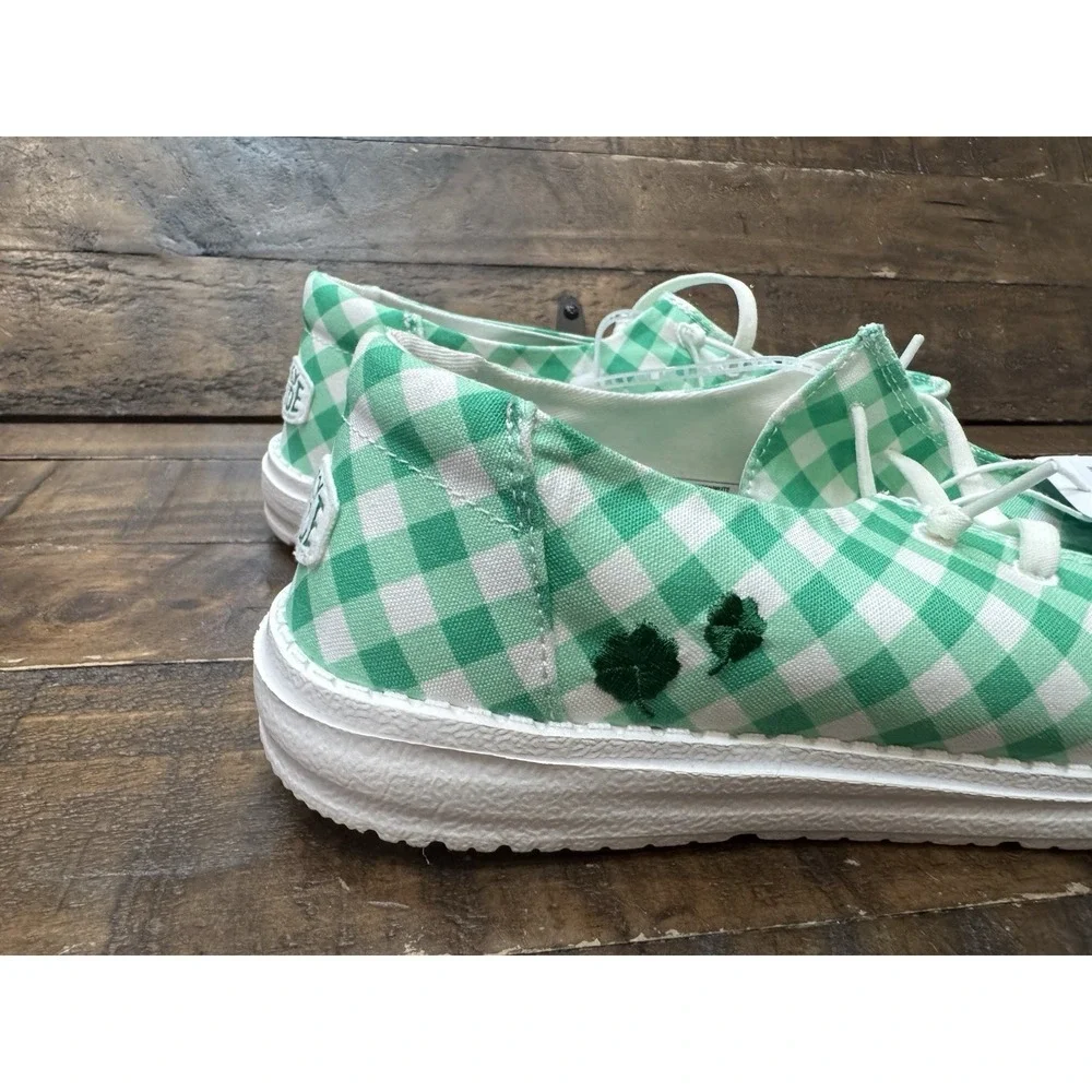 Hey Dude Wendy Shamrock Gingham Green White Casual Slip-on Shoes Size 11